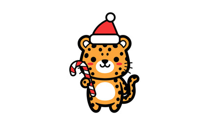 Festive Fun A Cartoon Leopard Celebrating Christmas with a Candy Cane