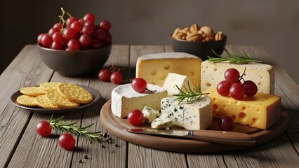 Assorted cheeses with red grapes and crackers on wooden table cheese board food