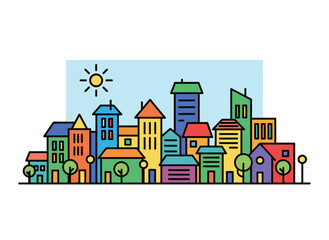 Fototapeta premium A contemporary cityscape featuring diverse buildings, presented as a linear, colorful urban panorama set against a white background, depicting a town street with skyscrapers, offices, and residential