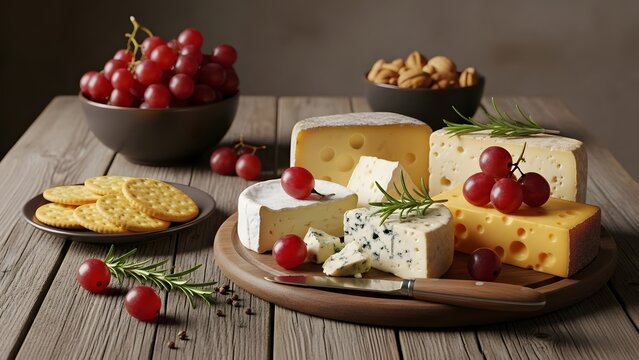 Assorted cheeses with red grapes and crackers on wooden table cheese board food