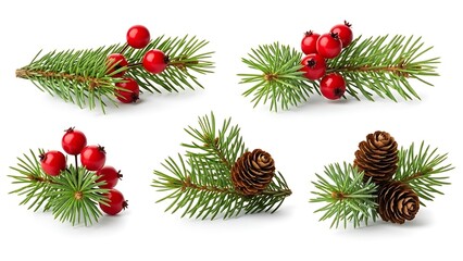 Holiday pine sprigs with red berries and pinecones on white background for seasonal decor.