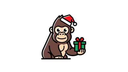 Festive Ape Celebration Gorilla in Santa Hat Holding Christmas Gift, Holiday Cheer
