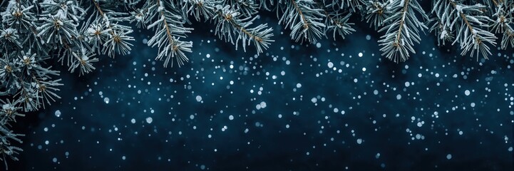 Snowy pine branches with frost and falling snowflakes on a dark blue winter background for seasonal design