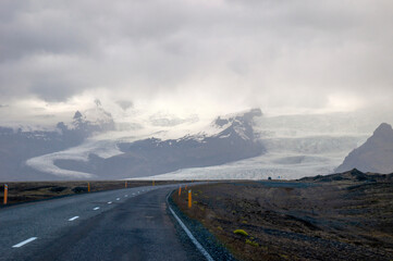 Route 1 Iceland, driving into a storm with vatnajokull glacier in background