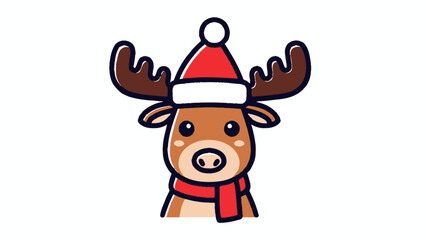 Festive Moose Illustration with Santa Hat and Scarf, Perfect for Holiday Greeting Cards and Decorations