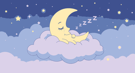 Sleeping crescent moon on a soft cloud in a starry night sky.