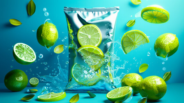 Fresh limes and a vibrant package burst with water splashes in a dynamic display of color and vitality