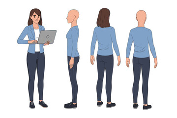 Obraz premium Modern Business Woman Character Creator — Casual Female Professional with Laptop, Multi-Angle Full Body Vector Pack with Modular Poses and Animation-Ready Body Parts