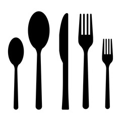 Cutlery flat icon. Knife fork spoon. Kitchen utensil vector. Dinnerware black silhouette.