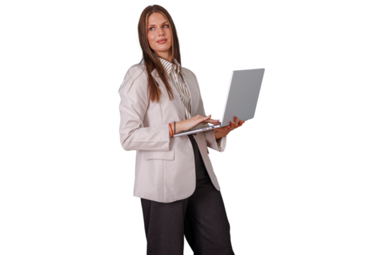 Successful businesswoman standing, working on laptop, thinking about future business strategies, transparent background