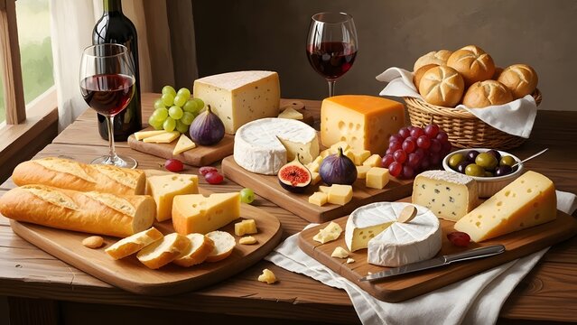 Assortment of Cheeses Bread Wine and Fruits on Wooden Table cheese board cheese platter
