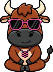 Cartoon cow vector illustration, cute sitting cow, stylish animal character, pink sunglasses, flower necklace, kids design, playful farm animal clipart