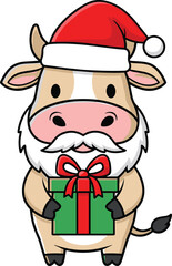 Cartoon cow wearing Santa hat and beard, holding Christmas gift box, festive holiday animal character for seasonal greeting card design, decoration