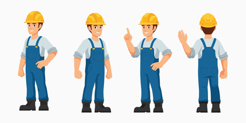 Obraz premium Professional Civil Engineer Character Pack — Hard Hat Worker with Blueprints and Clipboard, Multi-Angle Full Body Vector Builder with Modular Poses