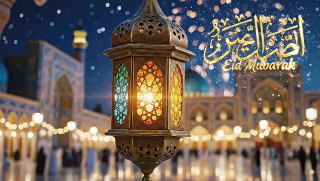 Ornate Arabic Lantern Illuminated With Colorful Light And Arabic Calligraphy On Mosque Courtyard Background