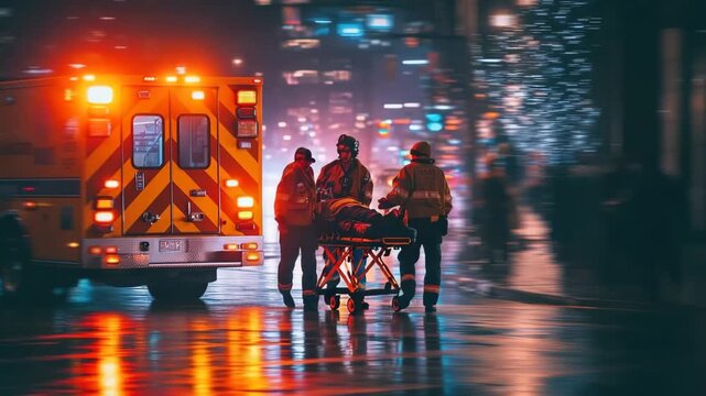Generative AI. Emergency medical team, dressed in uniforms, assists patient on stretcher in urban setting at night, illuminated by ambulance lights and city reflections, showcasing urgent care scene