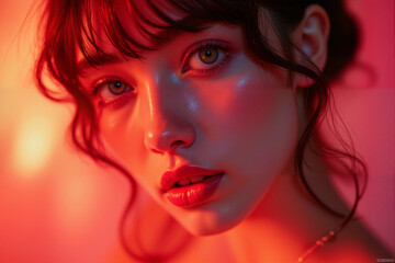 Stunning beauty portrait with intense gaze and captivating red lighting, perfect for edgy editorials or modern beauty campaigns, showcasing vibrant makeup