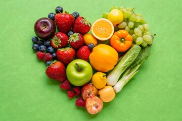 Healthy Food Arrangement on Green Background - Fruits and Vegetables