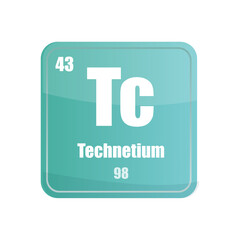 Technetium chemical element tile. Atomic number forty three. Tc sign Vector icon. Teal green square shape.