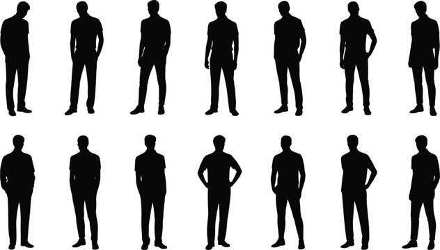 Standing silhouettes, male posture, gesture variety, arm positions, leg stance, black outline, character design, motion study, body language, pose reference