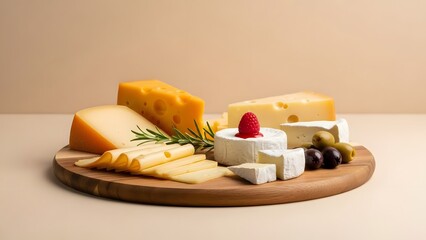 Assortment of cheeses with olives and rosemary on wooden board cheese board dairy