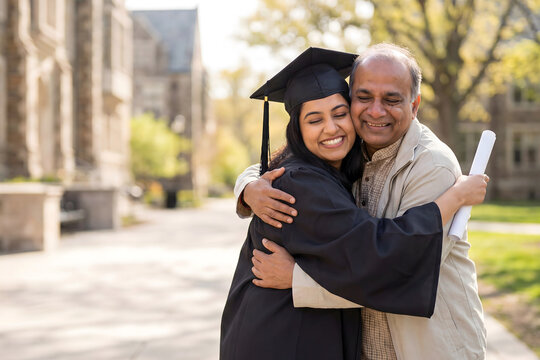 Young Indian Fem,ale Student Hugging Father on University Campus with Diploma