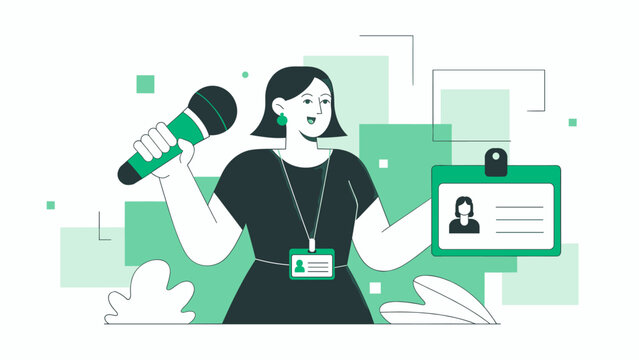 woman with a microphone and id badge, vector illustration for event hosting, press interviews, and conference registration