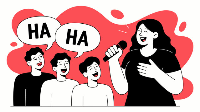 female comedian telling a joke to a laughing audience vector illustration