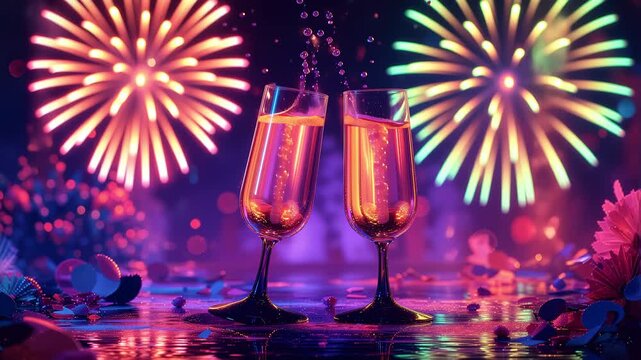 Champagne flutes clinking in a vibrant toast, silhouetted against a spectacular, animated fireworks display on a festive night
