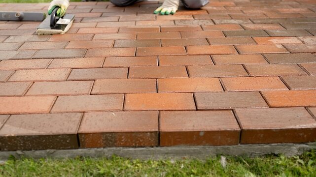 Worker cleaning new brick paver patio surface