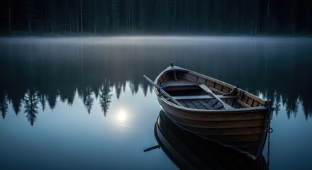 Serene wooden rowboat on a misty forest lake at dawn