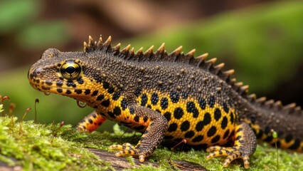 Fototapeta premium A close-up of a newt with a green and yellow spotted skin on a mossy surface.