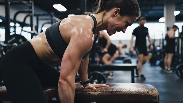 Woman strength training fitness gym workout physical activity exercise athletic lifestyle power determination