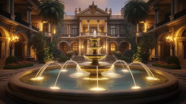 Grand Mansion Courtyard with Multi- Tiered Fountain and Palm Trees at Dusk multi-tiered water feature