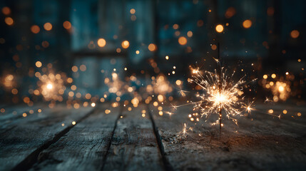 Sylvester, New Year's Eve 2025 Party, New year, Fireworks, Firework celebration background banner panorama long- Sparklers and bokeh lights on rustic black wooden wall texture.