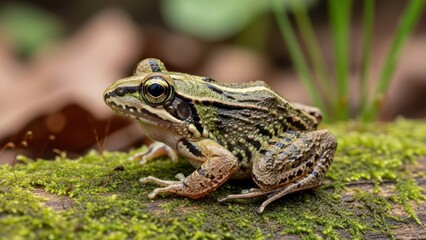 Fototapeta premium A green frog with brown stripes sits on a mossy log in a forested area.