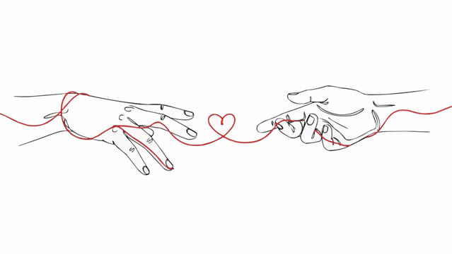 Two hands connected by a red string of fate forming a heart in a continuous line drawing style