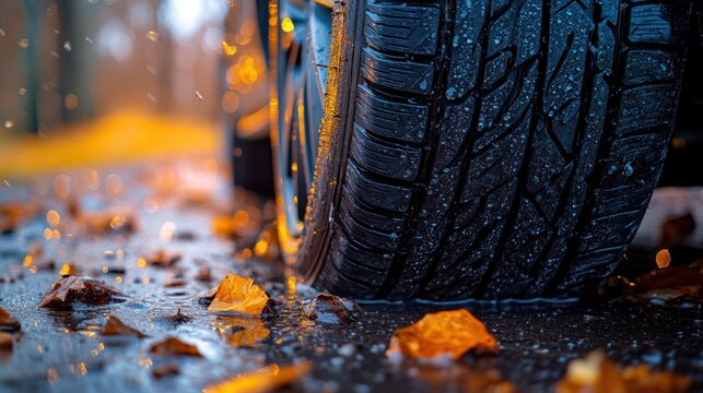 Close-up of wet tire on autumnal path - Powered by Adobe