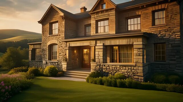 Large Stone House with Lush Green Lawn and Flowering Plants at Sunset image photo