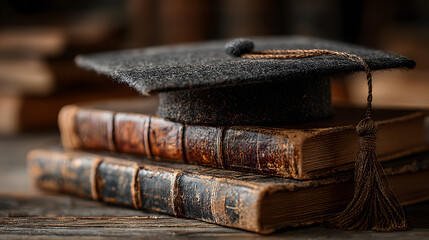 A close-up of a graduation cap resting on a stack of books, symbolizing academic achievement and educational success.