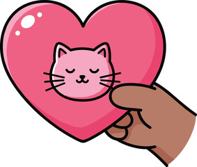 Cute cartoon hand holding pink heart with peaceful cat face, glossy love symbol, pet affection, animal care, vector illustration design