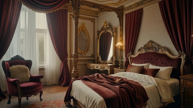 Luxurious Bedroom with Red Velvet Drapes and Ornate Furniture luxury opulent