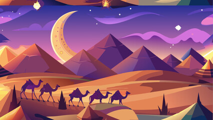 Camels walking in desert with pyramids at night