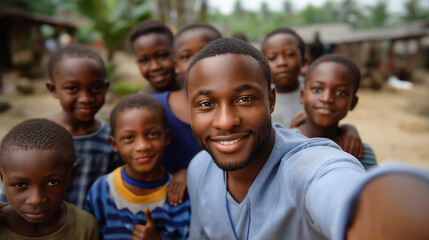 Male volunteer children, selfie photo taking, African village scene, charitable assistance delivery, international development support, community visit program, child welfare focus