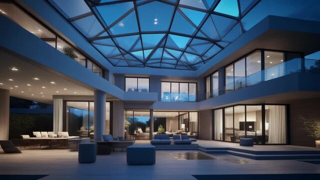 Luxurious Modern Mansion with Geometric Glass Skylight at Night image photo