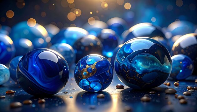 Elegant Blue Spheres with Golden Marbling and Shimmering Bokeh Lights on a Reflective Surface