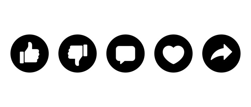 Like, dislike, comment, love, and share icon in black circle. Thumbs up, down, chat bubble, heart and send arrow symbol
