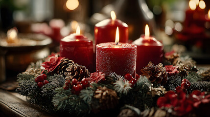 Stunning Christmas Advent Wreath with Red Candles and Natural Pine for a Warm Holiday Celebration