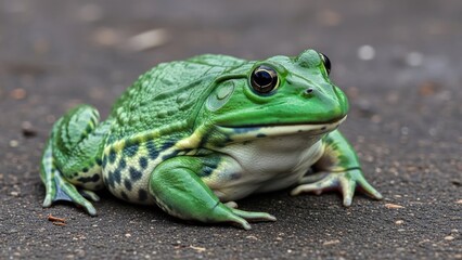 Fototapeta premium A green frog with black spots on a wet surface.