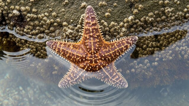 A starfish with a brown and white pattern, resting on a rocky surface with a clear water body.